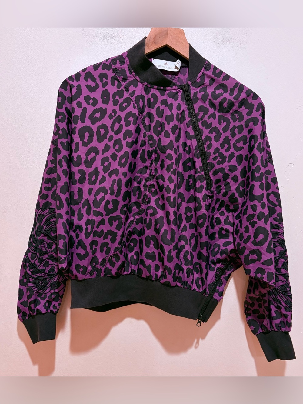 Adidas Stella McCartney Asymmetric Purple Animal Print Cropped Bomber Jacket XS